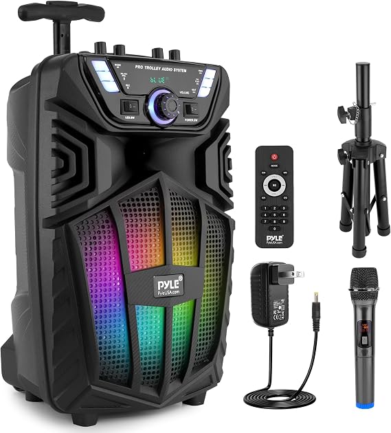 Pyle 480W Portable Bluetooth PA Speaker - 8 Rechargeable Outdoor Karaoke Speaker, Audio System w/Wireless Mic and Wheels, TWS, Party Lights, LED Display, 6.5mm Mic Input, FM/AUX/MP3/USB/SD