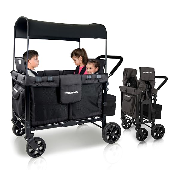 WonderFold W4 Original Stroller Wagon, 4 Seater, Black | Foldable Wagon with an Adjustable Canopy & Deep Carriage, All-Terrain Wheels & 5-Point Harnesses for Babies, Toddlers & Kids