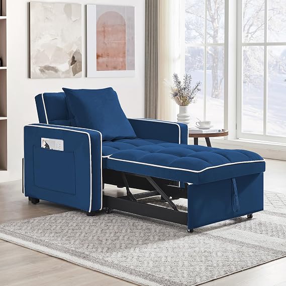 Sleeper Sofa Chair Bed, Convertible 3-in-1 Sofa Armchair, Adjustable Sleeper Chair with Pullout Bed, Single Lounger Futon Chair Bed with Side Pockets for Living Room