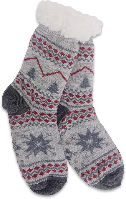 Snowflake Sherpa Thermal Knit Slipper Socks with Non-Slip Grippers (Adult/Youth Gray/Coral-Bursts/Trees) 