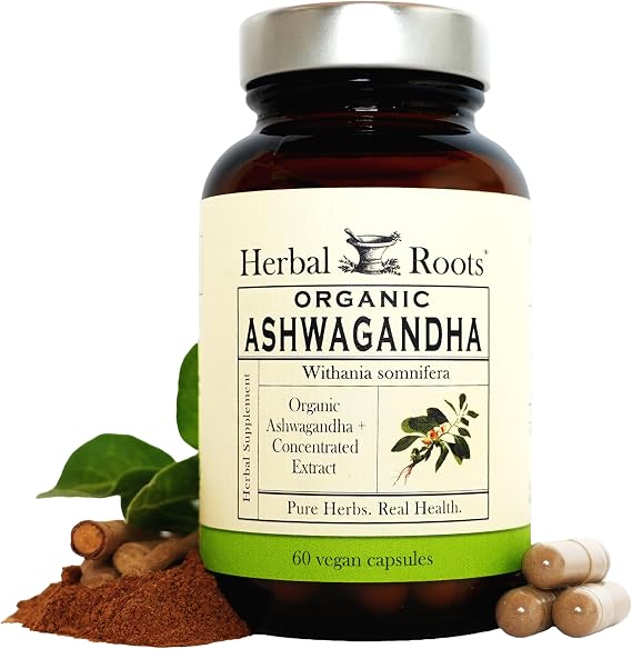 Herbal Roots Organic Ashwagandha Capsules - Extra Strength - 2 Month Supply - Certified USDA Organic - 60 Vegan Capsules