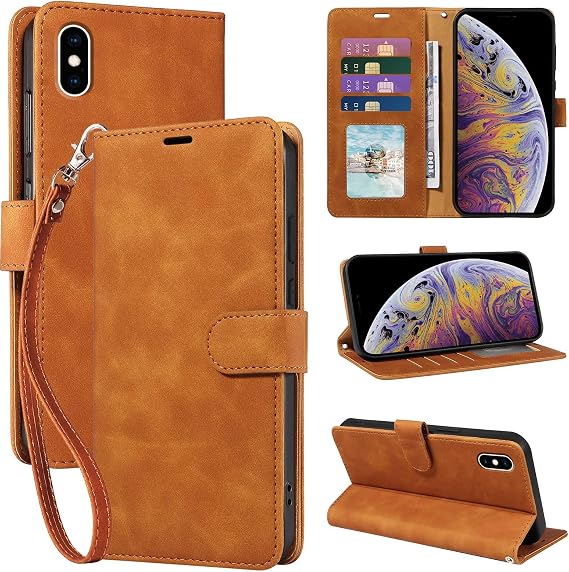 for iPhone Xs Max Case Wallet, RFID Blocking 4 Card Slots (Brown)