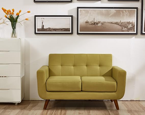 US Pride Furniture Charles Mid-Century Modern 100% Linen Fabric Loveseat, Clean-Lined Design for Apartment and House, Color in Olive Green