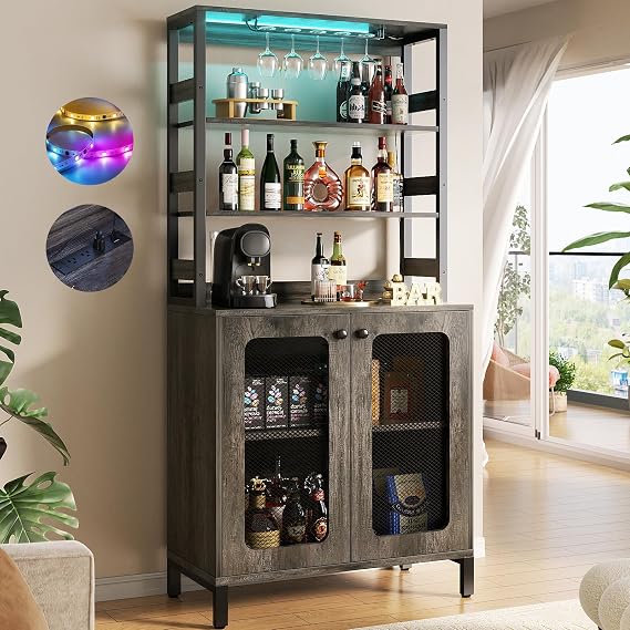 Aheaplus Bar Cabinet with Power Outlets,67" Tall Wine Bar Cabinet,Black Oak