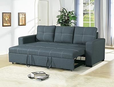 Poundex F6532 Polyfiber Fabric Convertible Sofa, Blue Gray