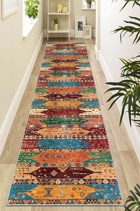 Viva Home Rug Ethnic Patterned Anti-Slip Base Kitchen Hall Entry Cutting Special Measured Roll Runner Ar1086, Multi Color, 100 X 200