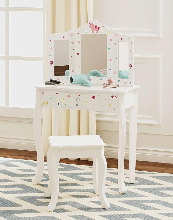 UTEX Unicorn-Themed Kids Vanity Set with Drawer for Little Girls