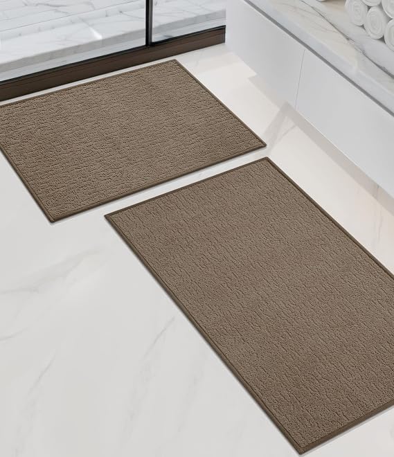chakme Bathroom Rug Sets 2 Piece, Ultra Thin Quick Dry Bath Mat Set, Absorbent Bath Mat for Bathroom Non Slip Machine Washable, (Coffee, 2 Piece)