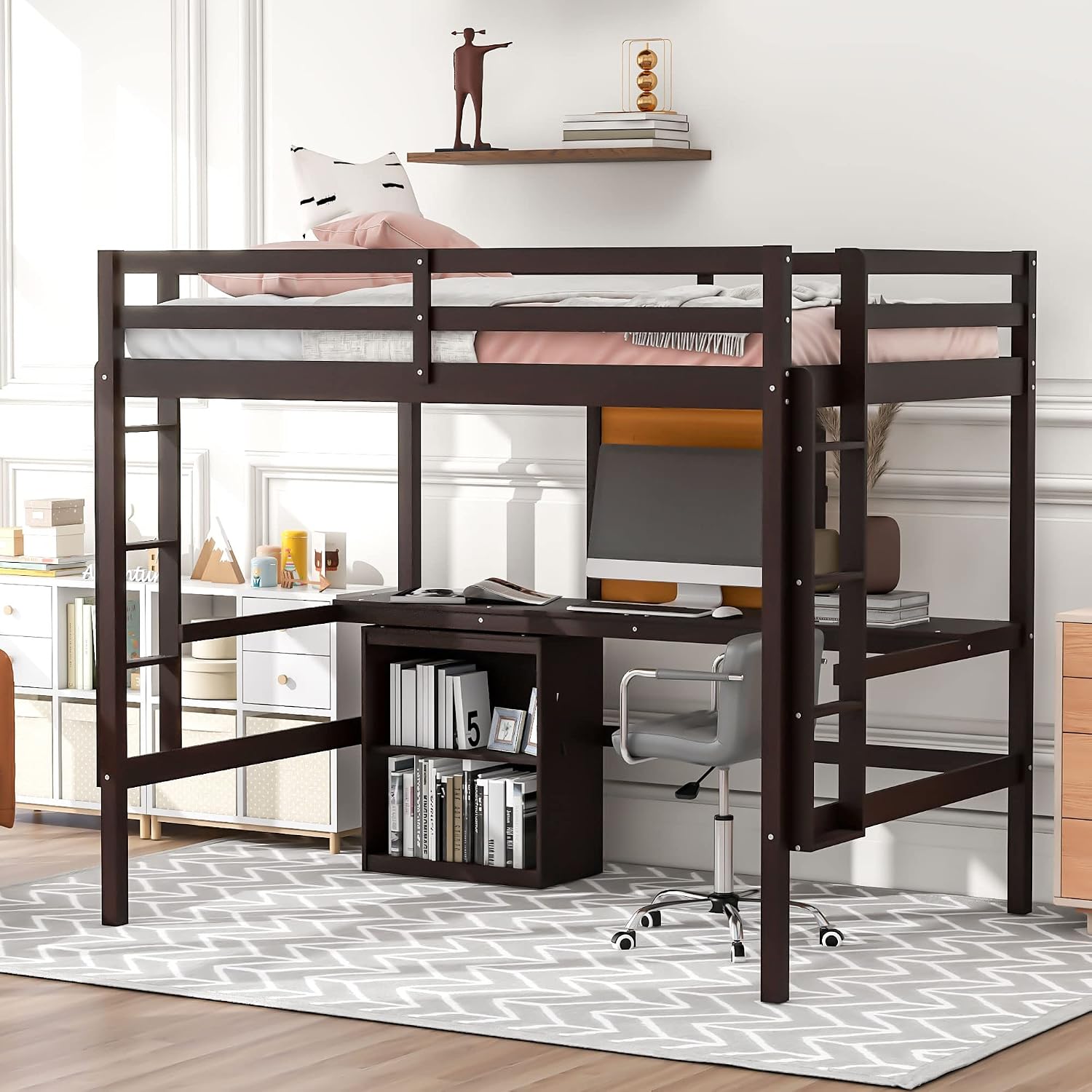 XD Designs Modern Full Size Loft Bed with Storage Shelves and Under-bed Desk, Solid Wood Frame Safety Guardrail for Aldults Teens Kids, Maximized Space, Max Weight Capability 450 lbs Espresso-2