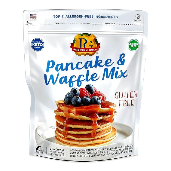 Premium Gold Gluten Free Pancake and Waffle Mix 2lb, Made of Ancient Grains & Golden Flax, Certified Gluten Free, Keto Friendly, Top 11 Allergen Free