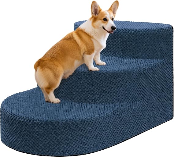 Dog Stairs 3 Steps Foam Pet Ramp for Small Dogs Cats, Navy Blue