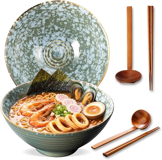 8 Inch Ceramic Ramen Bowl Set of 2, 40oz Japanese Bowls with Spoons & Chopsticks,Durable,Microwave & Dishwasher Safe,Perfect for Ramen,Pho,Salad,Soup,Noodles,Mixing bowls(Jade Green)