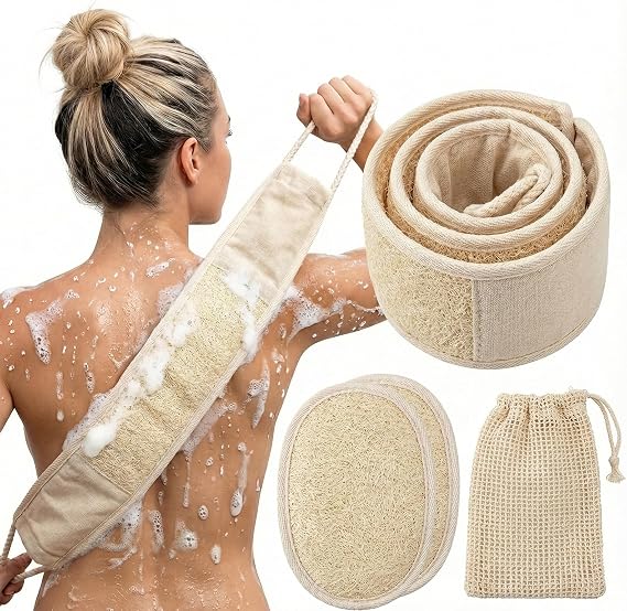 Natural Loofah Back Scrubber, Exfoliating Loofah for Shower (1Back+2Pads)
