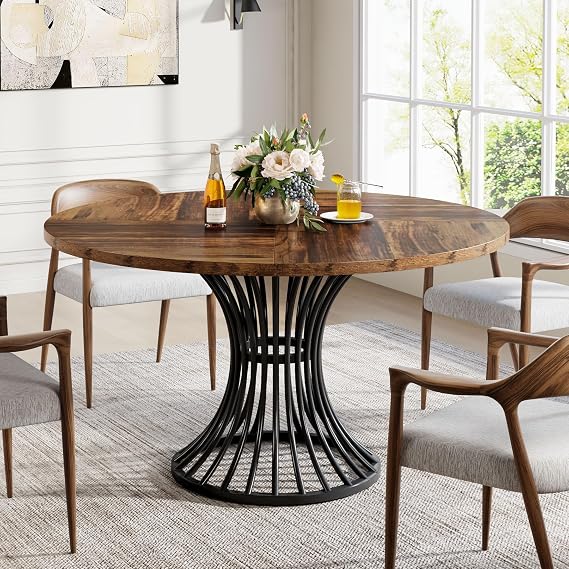 Round Dining Table 120 cm for 4-6 People, Rustic Brown Wood & Black Metal Hourglass Base | Industrial Style Kitchen Table for Home, Apartment & Restaurant | Easy to Assemble