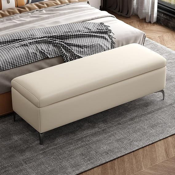 Rectangular Leather Ottoman Bench, Storage with Large Hidden, Solid wood frame padded sofa bench, Space Entryway with Safety Hinge Metal Legs(E,60CM/23.6IN)