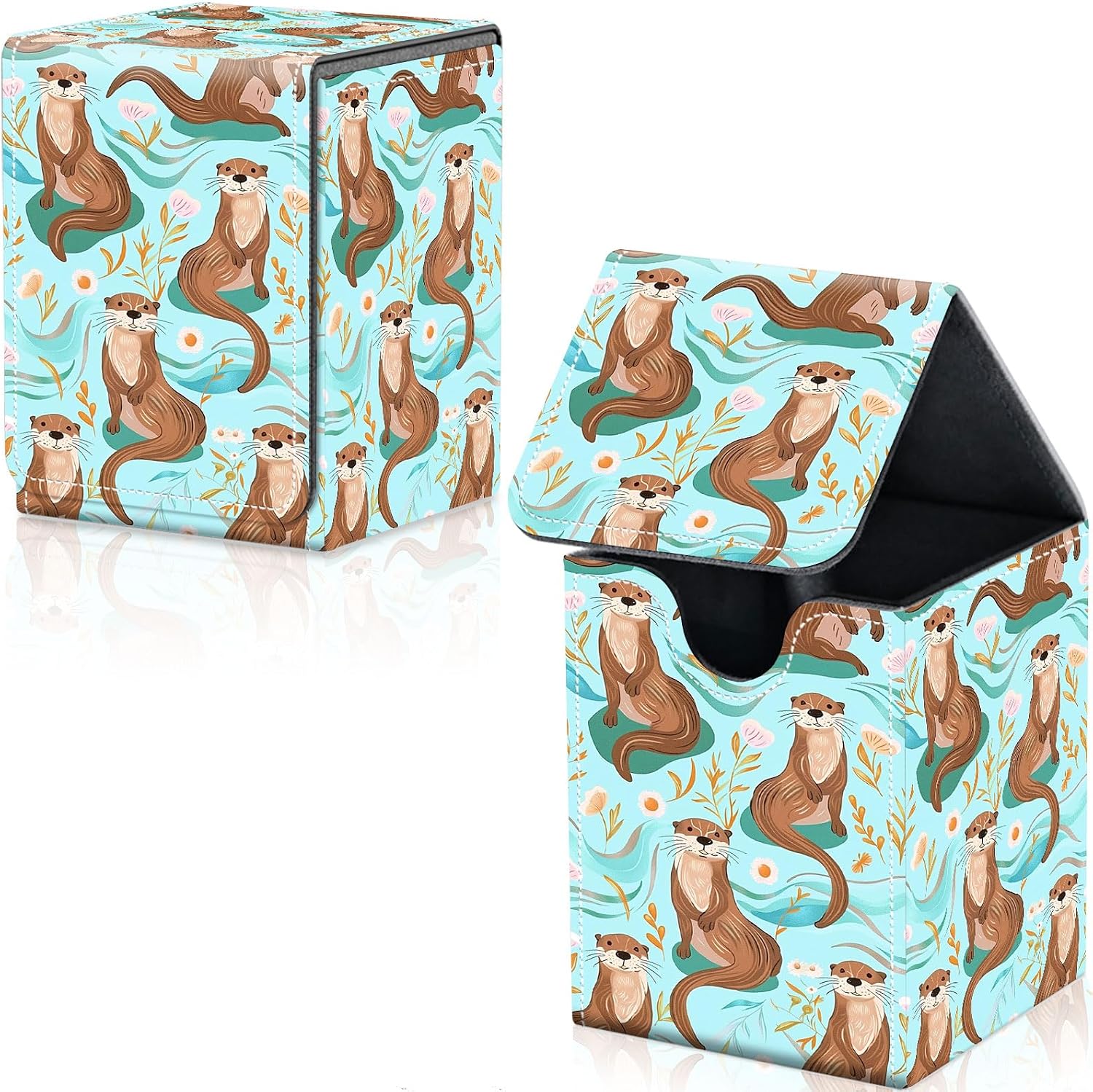 Card Deck Box for Trading Cards, MTG Deck Box Fits 100+ Single Sleeved Cards, PU Leather Strong Magnet Card Deck Case Holder for Magic Commander TCG CCG, Otter Pattern