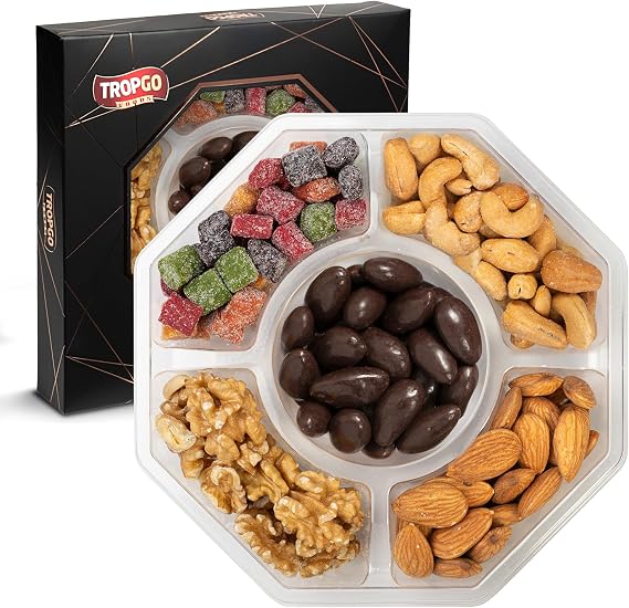 Tropgo 5 Sections Nuts and Sweets Gift Box - Gourmet Snack Box with Raw Walnuts, Raw Almonds, Mango Mini Cubes, Roasted Salted Cashews & Chocolate Almonds - Party Selection Gift Sets
