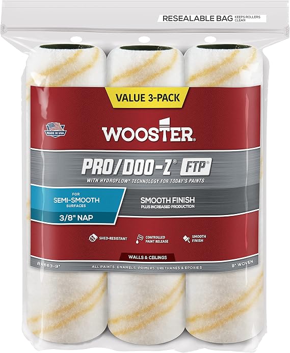 Wooster RR663-9 Pro/Doo-Z FTP Roller Cover 3/8" Nap 9" 3-Pack White