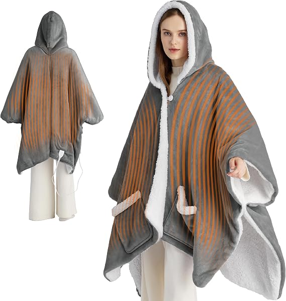 Bedsure Wearable Heated Blanket Hoodie Shawl, Gifts for Mom, 55"x64", Grey