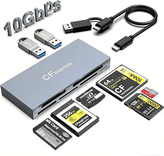 CFexpress Type B Card Reader 8 in 1, 10Gbps Multi CF Express Reader Adapter for CFexpress Type B/CF/XD/MS/TF/SD Memory Card Readers Hub with 2*USB Gen 3.2 Data Port for Windows/Mac/Linux/Android