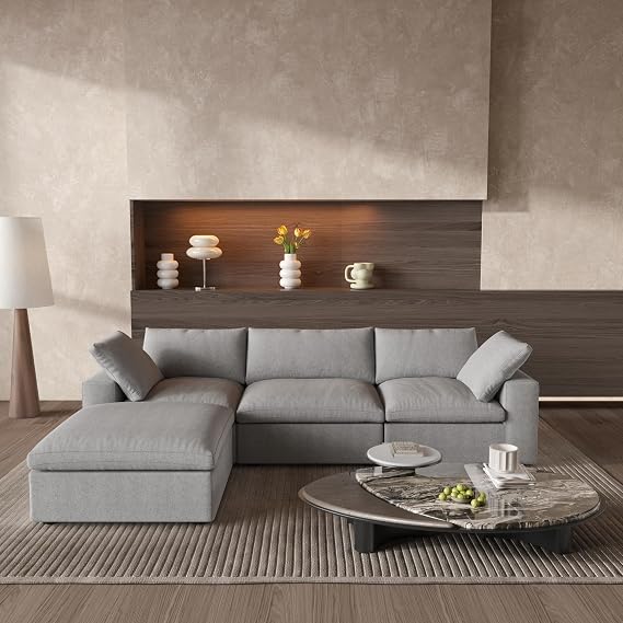 WJShome 120.45" Cloud Modular Sectional Sofa with Storage Ottoman, L Shaped Minimalist Convertible Couch Deep Seat Sofa for Living Room Sofa Sets (Light Grey, 3 Seater+1 Ottoman)