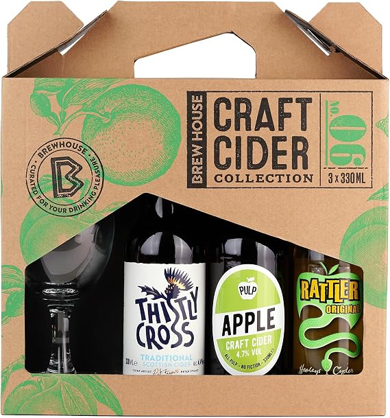 Brewhouse Craft Cider Selection complete with Chalice Glass and 3x330ml Bottles. Premium British Cider Gift Set includes Rattler, Thistly Cross, and Pulp Cider. Perfect for Birthdays and Christmas