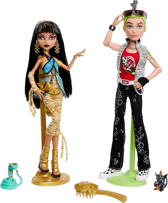 Monster High Booriginal Creeproduction Dolls 2-Pack, Cleo De Nile & Deuce Gorgon Collectible Reproductions with Doll Stands, Diaries & Pets