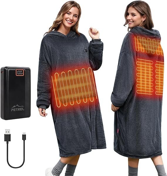 PETREL Wearable Heated Blanket Hoodie,16000mAh,Sweatshirt Throw Blanket | Oversized Cordless Electric Heating Blanket,Heated Shawl with Sleeves,Flannel for Indoor,Outdoor,Camping,Traveling