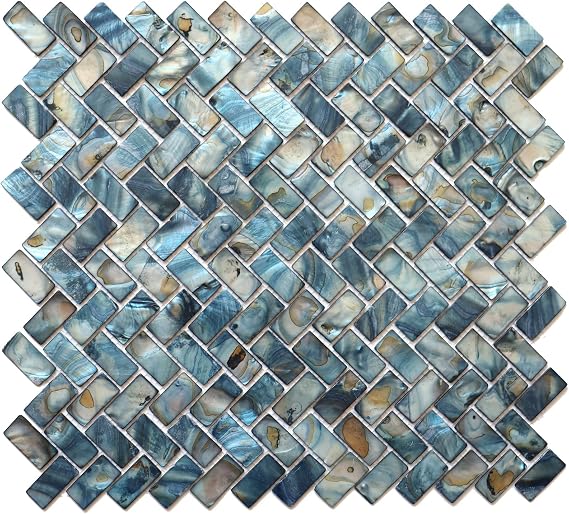 MOP Blue Mother of Pearl Seashell Herringbone Backsplash Tile 1 Sheet