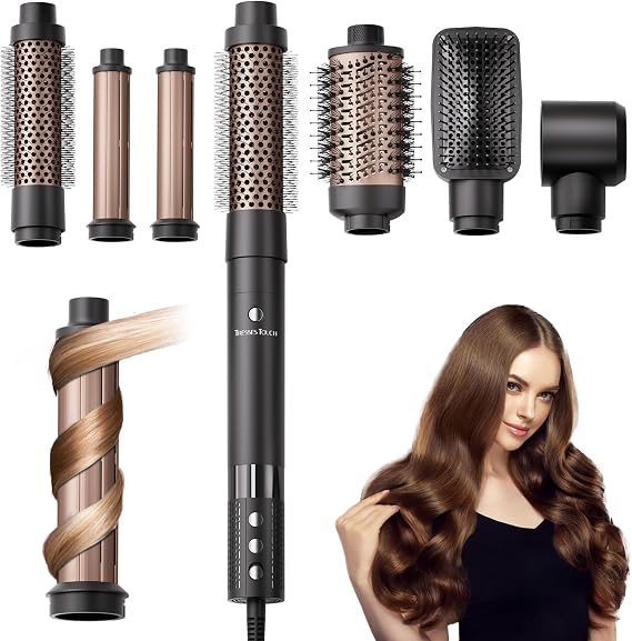 6 in 1 Hot Brush Hair Styler, Blow Dryer Brush Set, Travel Hair Dryer Brush with Auto-Winding Curl L/R, Fast Drying, Smooth Blowouts, Root-Lift Volume, No Heat Damage Frizz-Free Thermal Brush