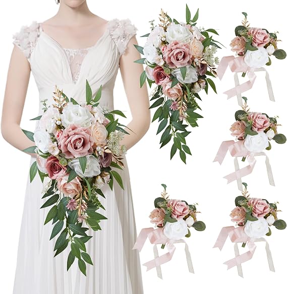 Wedding Bouquets for Bride & 4 Bridesmaids (Pack of 5) - 1pcs 20in Bride Bouquet & 4pcs 8in Bridesmaid Bouquets Dusty Rose & Cream Fake Flower