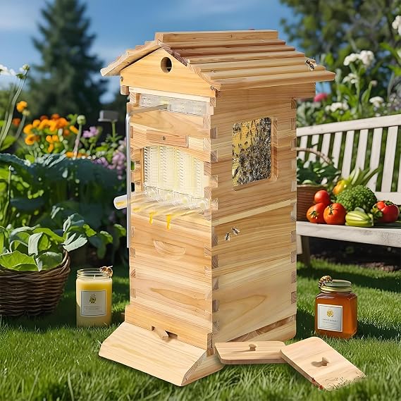 Flow Bee Hive Starter Kit, Features 4 Auto Honey Frames & 6 Brood Frames, Durable Wooden Construction, Complete Beekeeping Supplies for Easy Harvesting