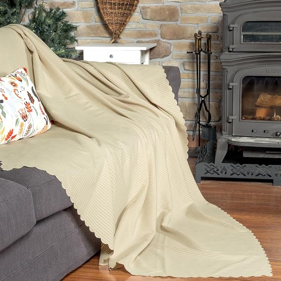 Mikrofiber Şönil Fitilli Minimalist Koltuk Örtüsü - 175x215 cm, Çift Taraflı, Kaymaz, Terletmez,Camel