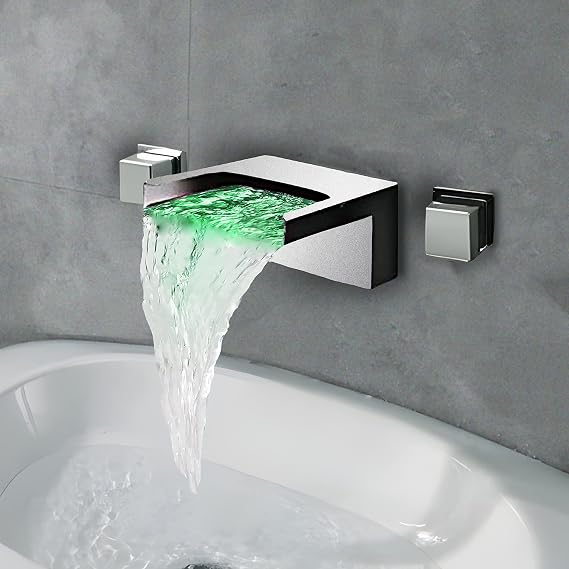LightInTheBox LED Light Waterfall Wall Mounted Bathroom Sink Faucet Temperature Sensor Color Changing, 2 Handles 3 Holes for Lavatory Basin Mixer Taps, Chrome Finish Solid Brass Modern Bathtub Decor