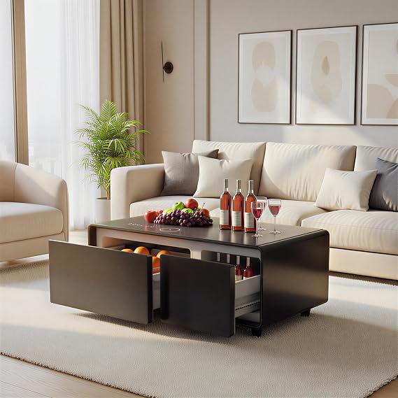 Smart Coffee Table with Fridge, Bluetooth Speakers, Wireless Charging, Modern Living Room Table with Dual USB, Type-C Ports, 23" D x 41.5" W x 18.2" H, Black
