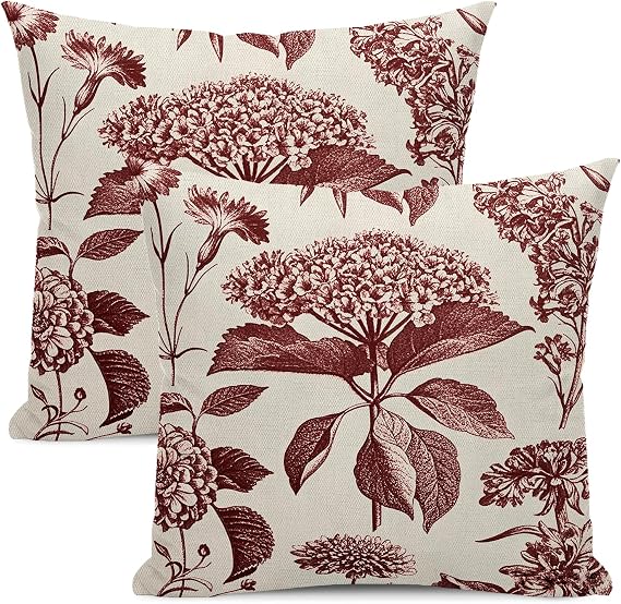 Floral Pillow Covers 18x18 Set of 2 Vintage Burgundy Red Hydrangea Herb Botanical Throw Pillow Cover Outdoor Decoration Boho Flower Pillowcase Farmhouse Decorative Cushion Case for Sofa Couch