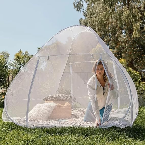 Pop Up Mosquito Net for Bed with Bottom, Suit for Double Bed, Foldable Mosquito Tent for Camping, Portable Travel Mosquito Netting Tent with 2 Zipper Entries, Quick Setup (White edge, 200*180*160cm)