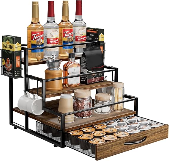 Coffee Syrup Organizer Rack, 4-Tier Stand with K-Cup Drawer & Side Hooks | All In One Holds 12 Syrup Bottles , 36 K-Cups Pump Use On-Shelf for Home Kitchen Pull-Out Drawer Side Basket For Mugs/Stirrer