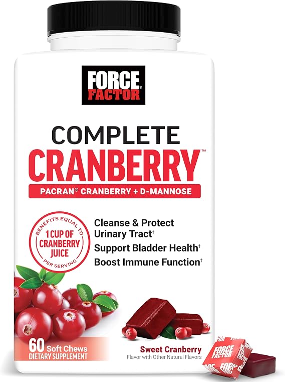 Force Factor Complete Cranberry Supplement with D Mannose | Support Bladder and Urinary Tract Health for Women, Vegan, Sweet Cranberry Flavor, 60 Soft Chews