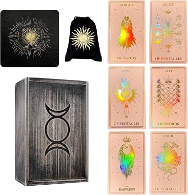 CRAFTERIAN Deluxe Set of Pink Mistyc Tarot Cards, Dark Wooden Box, Cloth and Bag. 78 Tarot Deck, Original Tarot Cards for Beginners and Experts with Guide Book.