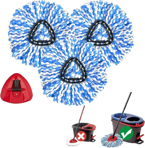 3 Pack Spin Mop Replacement Heads Compatible with O Cedar RinseClean 2-Tank System, Microfiber Spin Mop Refills Replace Heads, Deep Cleaning, Machine Washable, Includes 1 Mop Base (Blue)