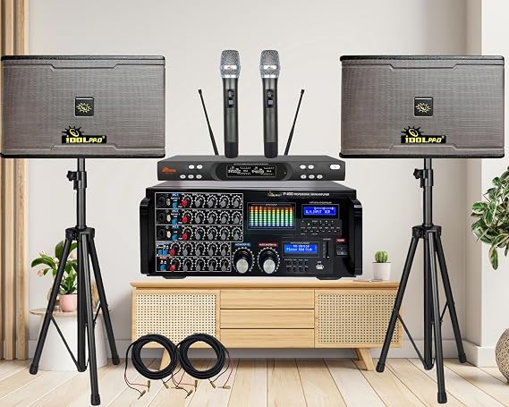 3000W Mixing Amplifier with HDMI/Recording/USB/Bluetooth Plus Dual 1200W Speakers and Dual Wireless Microphone Home Karaoke System