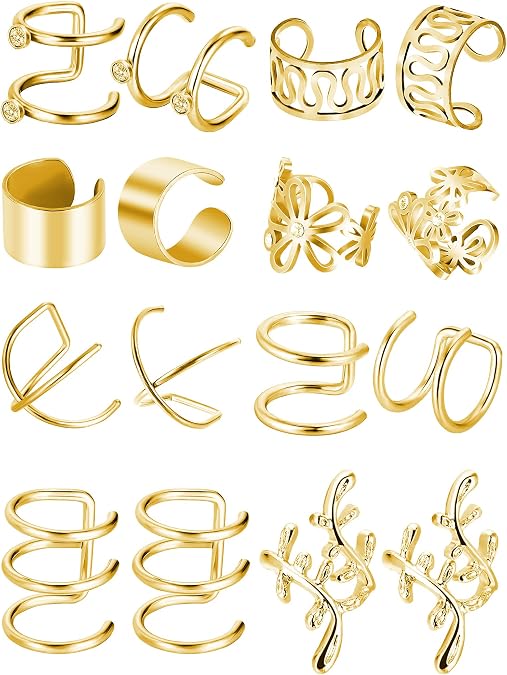 Blulu 16 Pcs Ear Cuff Earrings for Women Silver Non Piercing Stainless Steel Wrap Clip on Cartilage Adjustable Fake Earrings