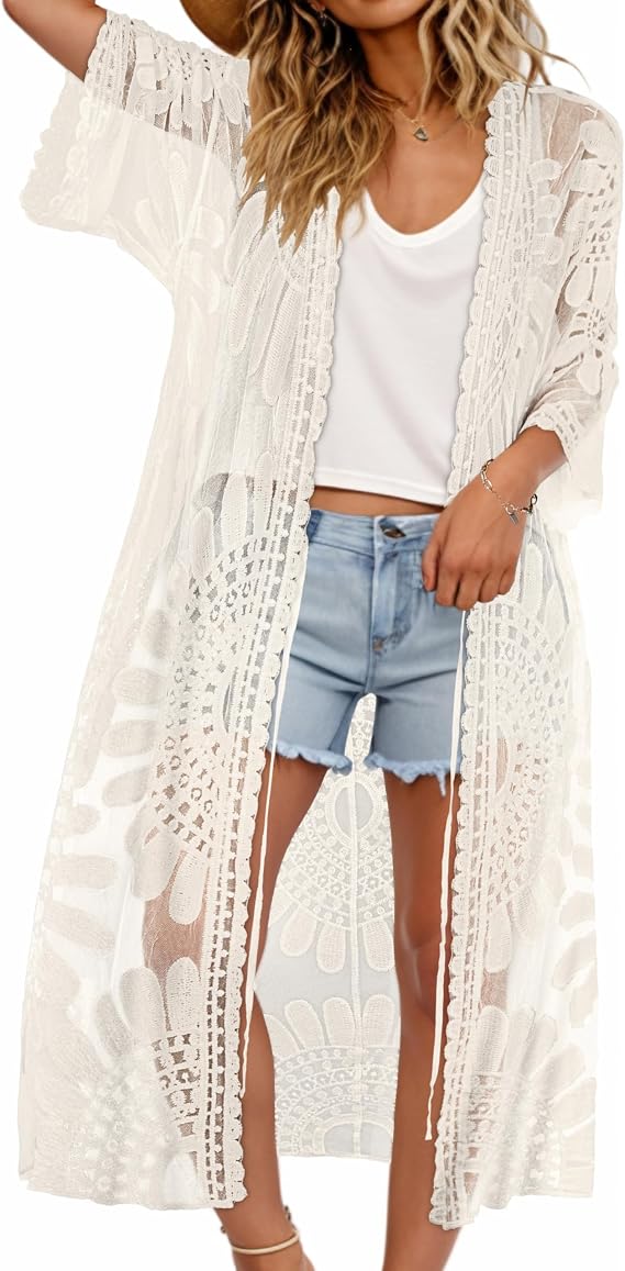 CHICGAL Womens Swimsuit Coverup Lace Bathing Suit Cover Up Beach Kimonos Long Cardigan Open Front Swimwear
