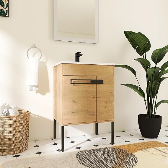 24 Inch Bathroom Vanity with Sink, 24" Freestanding Bathroom Vanity, Premium Plywood Wooden Cabinet with Metal Legs, Solid Ceramic Sink, Soft Close Doors, Modern Floor Stand Cabinet Set, Oak