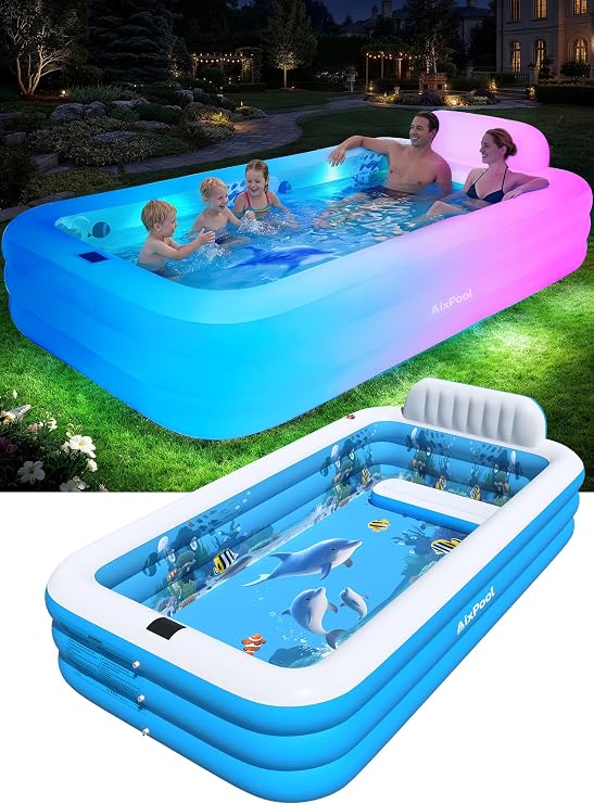 Extra Large Inflatable Pool with Light,Solar Blowup Pool120x73x20IN
