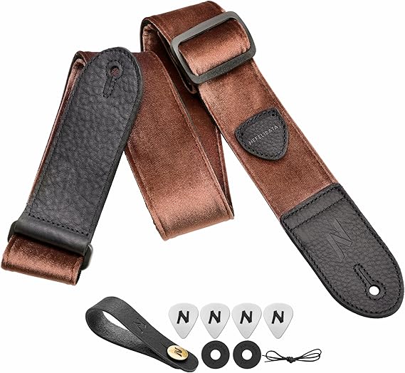 Nefelibata Guitar Strap,Double Full-Grain Leather Ends,Vintage Velvet Strap