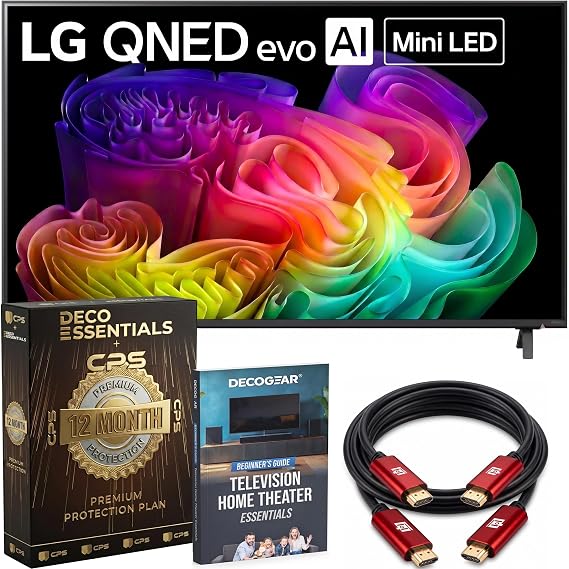 LG 55-Inch QNED evo AI Mini LED 4K Smart TV with a8 Gen3 Processor, Quantum Color, Dolby Vision, Dolby Atmos & 144Hz VRR Gaming Bundle with Deco Essentials 1-Year Extended Protection and HDMI Cables
