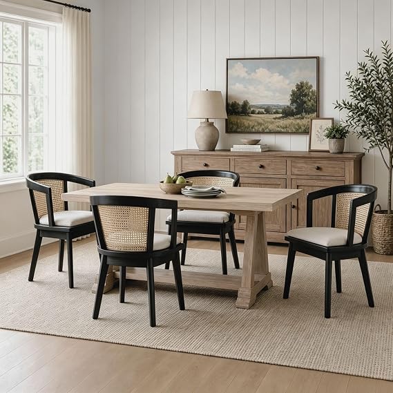 Kmax Modern Rattan Dining Chair Set of 4 Farmhouse Semi Barrel Dining Room Chair Wooden Upholstered Chair Oak Finish for Kitchen, Black