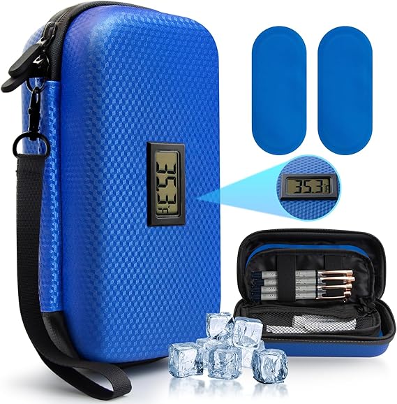 Insulin Cooler Travel Case with Temperature Display - Diabetic Travel Case Refrigerated Medicine Cooler Storage Bag with 2 TSA Approved Ice Pack for Daily and Trip (Blue)